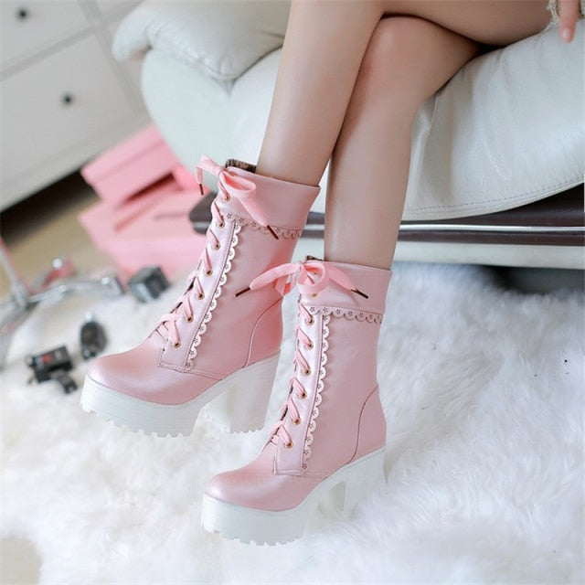 Lolita High Winter Girls Lace Up Bow Boots