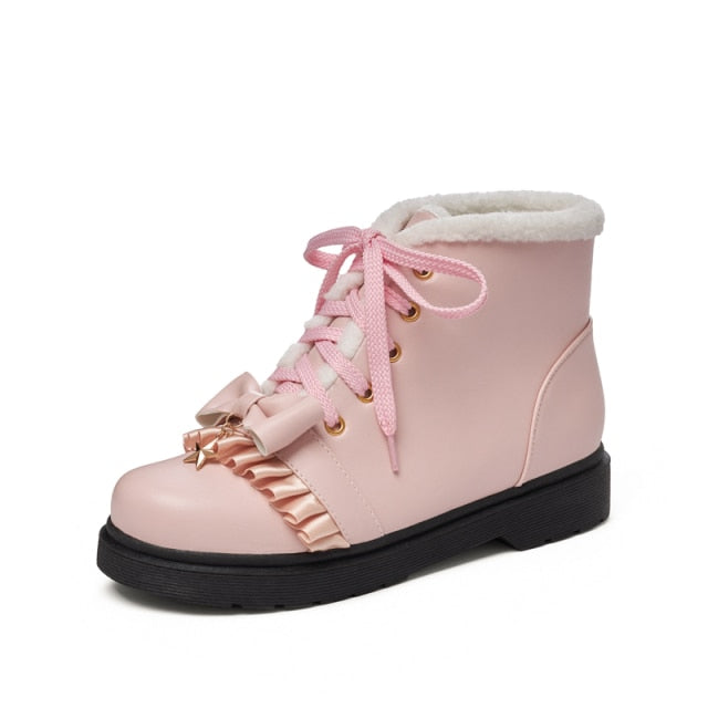 Lolita Ankle Star Lace Up Fur Short Boots